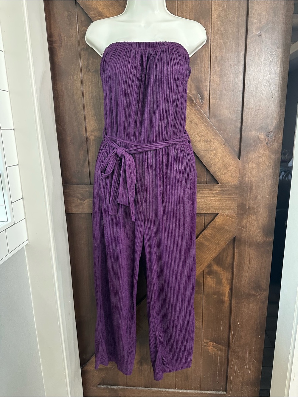 Strapless Purple Wide-Leg Jumpsuit with Tie Belt